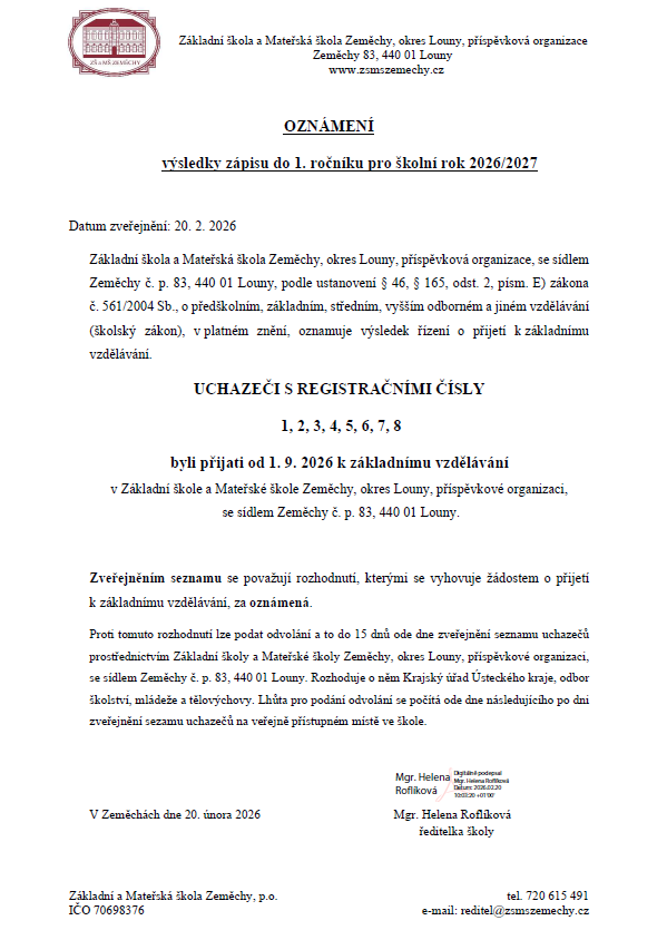 Oznámení o výsledcích zápisu do 1. ročníku